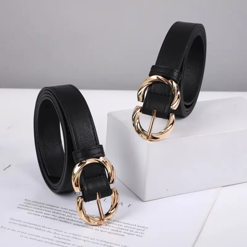 tylish Black Faux Leather Belt with Golden-Tone Metal Buckle - Unique Oval Design, Adjustable for Waist Shaping & Fashion