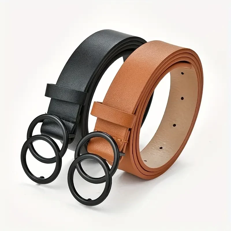 Fashionable Double Loop Buckle Jeans Belt for Women, Casual Street Style Solid Color Versatile Decorative Waistband